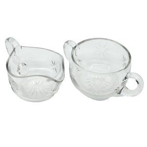 Vintage Mid Century Modern ATOMIC STARBURST Clear Cut Glass Cream & Sugar Set